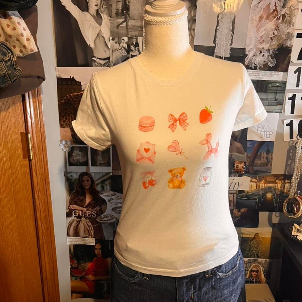 Women's Cream and White Shirt with Pink Graphics